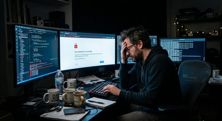 A frustrated web developer sitting at a cluttered desk late at night, illuminated by the glow of multiple monitors displaying error messages and a broken padlock icon on a browser screen showing "Not Secure" in the address bar. The room is dark except for the blue-white screen light. One monitor prominently shows a website offline error page with an expired SSL certificate warning. Empty coffee cups surround the keyboard. The atmosphere conveys exhaustion, frustration, and technical crisis. Photorealistic editorial style with dramatic low-key lighting and a tense, moody atmosphere.